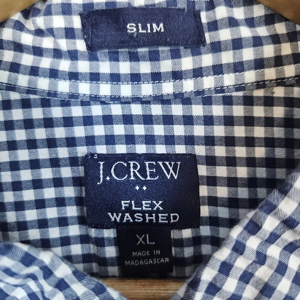 J Crew Men's Navy Blue & White Checked Dress Shirt Size XL Slim Fit‎ Flex Washed